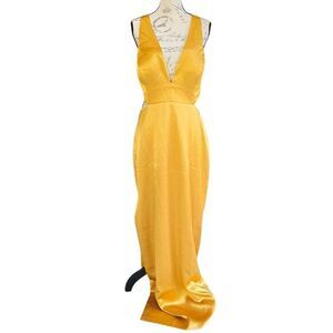 Aidan Mattox NWT Mustard Yellow V-Neck Liquid‎ Satin Column Maxi Dress Size 14